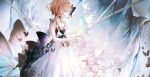  1girl bai_qi-qsr blonde_hair bug butterfly cave chain copyright_request crystal dress highres looking_down moon rock skirt upper_body wedding_dress 
