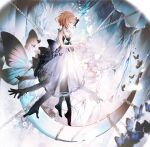  1girl bai_qi-qsr blonde_hair bug butterfly cave chain copyright_request crystal dress floating full_body highres looking_down moon rock see-through_skirt skirt solo wedding_dress 