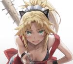  1girl bangs baseball_bat blonde_hair blush braid breasts commentary fang fate/apocrypha fate_(series) fork french_braid green_eyes hair_ornament hair_scrunchie highres leaning_forward long_hair looking_at_viewer maid_headdress mordred_(fate) mordred_(fate/apocrypha) nail nail_bat open_mouth parted_bangs ponytail scrunchie sidelocks small_breasts smile solo tonee 