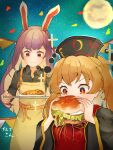  2girls apron artist_name bangs black_shirt black_sleeves blonde_hair burger chinese_clothes collared_shirt commentary_request confetti eating food full_moon gold_trim highres junko_(touhou) long_hair long_sleeves moon multiple_girls neck_ribbon plate purple_hair red_eyes reisen_udongein_inaba ribbon shirt sky sleeves_rolled_up sparkle sparkling_eyes standing star_(sky) starry_sky tabard tassel touhou v-shaped_eyebrows wide_sleeves wing_collar xmj6teuc yellow_ribbon 