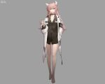  1girl animal_ears armband barefoot black_shirt breasts cat_ears coffee_mug commentary cup eyebrows_visible_through_hair full_body girls&#039;_frontline girls&#039;_frontline_2:_exilium labcoat long_hair looking_at_viewer messy_hair mug name_tag no_pants official_art older persica_(girls&#039;_frontline) pink_hair red_eyes shirt solo third-party_source 