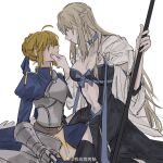  2girls absurdres ahoge armor armored_dress artoria_pendragon_(fate) black_legwear blonde_hair blue_eyes braid breasts cleavage fate/grand_order fate/stay_night fate_(series) grabbing_another&#039;s_chin hand_on_another&#039;s_chin highres holding holding_staff long_hair looking_at_another morgan_le_fay_(fate) multiple_girls ribbon saber silver_hair simple_background staff thighhighs white_background wozaidengkaochang yellow_eyes 