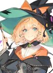  1girl absurdres aqua_eyes bangs black_headwear black_jacket black_neckwear cat flat_chest hat highres holding jacket lucadark_art lucie_(millie_parfait) millie_parfait nijisanji nijisanji_en off_shoulder orange_sweater solo sweater virtual_youtuber white_background witch witch_hat 