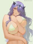  1girl alternate_costume arm_between_breasts arm_under_breasts between_breasts bikini blush breast_lift breasts camilla_(fire_emblem) closed_mouth commentary english_commentary fire_emblem fire_emblem_heroes green_background green_bikini hair_over_one_eye horns large_breasts light_smile long_hair looking_at_viewer nextoad patreon_logo purple_hair red_eyes simple_background skindentation solo swimsuit tiara upper_body very_long_hair wavy_hair web_address white_bikini white_swimsuit 