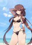  1girl alternate_hairstyle arm_up bare_arms bare_shoulders bikini black_bikini black_choker breasts brown_hair choker cowboy_shot day genshin_impact halterneck highres hu_tao_(genshin_impact) long_hair looking_at_viewer low_twintails multi-strapped_bikini navel red_eyes side-tie_bikini small_breasts smile solo star-shaped_pupils star_(symbol) stomach strap_gap string_bikini swimsuit symbol-shaped_pupils thighs twintails ugwa very_long_hair 