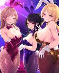 3girls :d animal_ears back-seamed_legwear backless_leotard bangs bare_back bare_shoulders black_hair black_legwear blonde_hair blue_bow blue_bowtie blue_eyes blue_leotard blurry blurry_background blush bow bowtie breast_hold breasts bridal_gauntlets brown_eyes brown_hair brown_legwear cleavage commentary_request cowboy_shot detached_collar disco_ball elbow_gloves eyebrows_visible_through_hair fake_animal_ears finger_to_mouth fishnet_legwear fishnets gloves groin hachimiya_meguru half-closed_eyes half_updo hand_on_ass hand_on_own_ass head_tilt heavy_breathing high_ponytail highleg highleg_leotard highres huge_breasts idolmaster idolmaster_shiny_colors illumination_stars_(idolmaster) indoors kazano_hiori large_breasts latex latex_gloves latex_leotard leotard looking_at_viewer low_ponytail medium_hair mole mole_under_mouth multiple_girls naughty_face open_mouth orange_bow orange_bowtie orange_leotard own_hands_together pantyhose parted_lips playboy_bunny purple_background purple_bow purple_bowtie purple_gloves purple_leotard rabbit_ears rabbit_tail sakuragi_mano satou_kuuki seamed_legwear shiny shiny_clothes short_ponytail sideboob sidelocks sleeveless small_breasts smile standing sweat swept_bangs table tail tareme tongue tongue_out tsurime v white_gloves wing_collar wrist_cuffs 