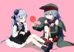  2girls animal_on_lap apron black_apron black_cat blush blush_stickers bow bowtie candy cat cat_on_lap checkered checkered_neckwear collared_shirt commentary food frilled_apron frills full_body g11_(girls&#039;_frontline) girls&#039;_frontline giving green_eyes green_jacket grey_hair hair_between_eyes hair_ornament hat highres hk416_(girls&#039;_frontline) jacket knee_pads lollipop long_hair mini_hat multiple_girls off_shoulder official_alternate_costume open_mouth pink_background sanderson shirt shoes simple_background sitting socks tears younger 