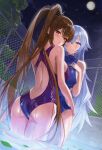  2girls amebi ass back back_cutout bare_arms bare_shoulders blue_eyes blue_swimsuit breasts brown_hair chain-link_fence clothing_cutout commission competition_swimsuit fence from_behind full_moon hand_on_own_chest highres large_breasts long_hair looking_at_viewer looking_back moon multiple_girls night one-piece_swimsuit original outdoors pool purple_swimsuit red_eyes smile standing swimsuit twintails very_long_hair wading water wet white_hair 