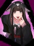  1girl absurdres akanbe animal_hood artist_name bangs belt black_bow black_hair blunt_bangs bow cat_hood fang grey_eyes hand_on_hip highres hood jewelry looking_at_viewer necklace purple_background shin_subarashiki_kono_sekai shoka_(ntwewy) solo tongue tongue_out wakaba_koto_31 