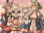  4girls ;d ahoge animal_ears black_gloves black_hair blue_hair breasts cleavage collar dark-skinned_female dark_skin eating elbow_gloves eyebrows_visible_through_hair fang food garter_straps gloves green_collar green_eyes green_hair grey_eyes grey_hair haimiya_eren hair_between_eyes holding holding_food kuromiya kuromiya_raika large_breasts long_hair looking_at_another medium_breasts multicolored_hair multiple_girls one_eye_closed open_mouth orange_hair original red_eyes shimamiya_mayuki shiromiya_asuka short_hair short_shorts shorts smile tail thighhighs thighs two-tone_hair white_hair white_legwear white_shorts 