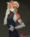  1girl absurdres adjusting_eyewear animal_ears arknights bangs black_nails black_vest glasses hair_between_eyes hand_on_eyewear highres jianpan_xiafang_de_da_kongge looking_at_viewer nail_polish orange_eyes orange_hair short_hair solo tail tiger_ears tiger_girl tiger_tail tinted_eyewear vest waai_fu_(arknights) watch yellow-tinted_eyewear 