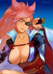  1girl amputee baiken big_hair black_jacket black_kimono blue_background breasts cleavage closed_mouth commentary_request eyepatch facial_tattoo gradient gradient_background guilty_gear hand_on_hilt highres jacket jacket_on_shoulders japanese_clothes kataginu katana kimono large_breasts long_hair multicolored_clothes multicolored_kimono nextoad no_bra obi one-eyed open_clothes open_kimono ponytail popped_collar red_eyes rope rope_belt samurai sash scar scar_across_eye scar_on_face shimenawa simple_background solo sword tattoo weapon white_kimono 