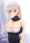  1girl absurdres alternate_costume arms_behind_back azur_lane bangs blush breasts cleavage detached_collar enmaided enterprise_(azur_lane) frills highres large_breasts long_hair looking_at_viewer lordol maid parted_lips purple_eyes solo straight_hair upper_body very_long_hair white_hair 