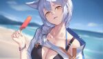  1girl animal_ears arknights bangs beach bikini black_bikini blue_sky blurry blurry_background blush braid breasts cleavage collarbone day depth_of_field food hair_over_shoulder highres holding holding_food large_breasts long_hair looking_at_viewer nian off_shoulder official_alternate_costume outdoors parted_lips popsicle provence_(arknights) provence_(casual_vacation)_(arknights) short_sleeves silver_hair single_bare_shoulder single_braid sky smile solo swimsuit wolf_ears wristband 