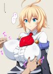  1girl ahoge bangs blazblue blazblue:_central_fiction blonde_hair blue_eyes braid breast_grab breasts center_frills collared_shirt covered_nipples es_(xblaze) frills grabbing groping hair_between_eyes highres huge_ahoge huge_breasts mokichi_(nvzy3n) nipple_tweak parted_lips red_neckwear shirt translated underbust xblaze xblaze_code:_embryo 