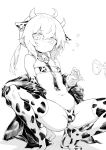  1girl absurdres ahoge animal_ears animal_print bare_shoulders bell bikini black_jacket blush breasts cameltoe chinese_commentary choker commentary_request cow_ears cow_horns cow_print cow_tail cowbell elbow_gloves full_body girls&#039;_frontline gloves greyscale hair_between_eyes highres horns jacket looking_at_viewer m200_(girls&#039;_frontline) milking_machine monochrome navel necktie off_shoulder ponytail print_bikini print_legwear shanyao_jiang_tororo sidelocks simple_background small_breasts solo spread_legs squatting sweatdrop swimsuit tail thighhighs white_background 