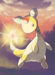  ampharos brown_eyes cloud commentary_request full_body glowing looking_back no_humans outdoors pokemon pokemon_(creature) signature sky solo star_(sky) tansho twilight 
