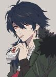  1boy arisugawa_dice blue_hair cigarette cigarette_pack ebanoniwa green_jacket grey_background hair_between_eyes hypnosis_mic jacket jewelry long_sleeves looking_at_viewer male_focus mouth_hold necklace red_eyes simple_background solo 