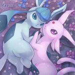  blue_bow bow closed_mouth commentary_request espeon from_above glaceon highres holding_hands kagure_(karaguren) no_humans pokemon pokemon_(creature) purple_bow purple_eyes sparkle toes 