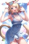  1girl :d animal_ears aqua_eyes bangs bare_arms blue_dress blue_flower blurry blurry_background blush border breasts brown_hair cat_ears cat_girl cat_tail claw_pose cleavage commentary commission cowboy_shot detached_collar dress eyebrows_visible_through_hair flower hair_flower hair_ornament highres looking_at_viewer medium_breasts medium_hair multicolored_hair open_mouth original petals red_flower red_hair skeb_commission sleeveless sleeveless_dress smile solo standing streaked_hair suraimu_(suraimuraimu) swept_bangs tail teeth upper_teeth 