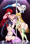  4girls ahoge asia_argento ass bare_arms bare_legs bare_shoulders black_hair blonde_hair blue_eyes blush breasts cat_hair_ornament cleavage curvy elbow_gloves english_commentary eyebrows_visible_through_hair frilled_legwear garter_belt garter_straps gloves green_eyes hair_between_eyes hair_ornament hair_ribbon high_heels high_school_dxd himejima_akeno huge_ahoge lace-trimmed_legwear lace_trim large_breasts lindaroze long_hair looking_at_viewer medium_breasts multiple_girls nail_polish navel open_mouth plump pole_dancing ponytail purple_eyes red_hair rias_gremory ribbon short_hair silver_hair sitting small_breasts smile striped striped_legwear thighhighs toujou_koneko underwear very_long_hair wariza white_hair yellow_eyes yellow_ribbon 