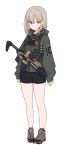  1girl absurdres assault_rifle bangs black_legwear black_shorts brown_eyes brown_footwear empty_eyes full_body green_jacket grey_hair gun highres hood hood_down hooded_jacket jacket jagd long_sleeves looking_at_viewer medium_hair military military_uniform original puffy_long_sleeves puffy_sleeves rifle scissors shorts sidelocks sig_sauer sig_sauer_mcx simple_background socks solo strap uniform weapon weapon_request white_background zipper zipper_pull_tab 