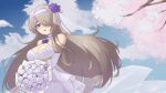  1girl :o bangs bare_shoulders blue_sky branch breasts bridal_veil bride cherry_blossoms cleavage cloud cloudy_sky diaoyidimaomao dress elbow_gloves flower gloves hair_flower hair_ornament hair_over_one_eye highres honkai_(series) honkai_impact_3rd long_hair looking_at_viewer mole mole_under_eye open_mouth outdoors purple_flower purple_rose rita_rossweisse rose sky solo veil wedding_dress white_dress 