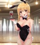  1girl absurdres animal_ears black_bow black_bowtie black_leotard blurry blurry_background bow bowtie breasts brown_eyes cleavage cowboy_shot cup detached_collar drinking_glass fishnet_legwear fishnets highres indie_virtual_youtuber large_breasts leotard long_hair looking_at_viewer nekoha_neru nekoha_neru_(artist) pantyhose playboy_bunny rabbit_ears smile solo strapless strapless_leotard tray virtual_youtuber wine_glass wrist_cuffs 