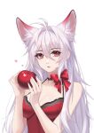  1girl :o absurdres animal_ear_fluff animal_ears antenna_hair apple bow breasts choker cleavage collarbone extra_ears eyebrows_visible_through_hair food fox_ears fox_girl fruit hair_intakes heart highres holding holding_food kirby_d_a long_hair looking_at_viewer original red_eyes simple_background solo white_hair 