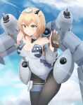  1girl aircraft airplane airplane_wing b-29_superfortress b-29_superfortress_(daebom) blonde_hair brown_eyes daebom grey_shirt highleg highleg_leotard highres leg_garter leotard mecha_musume military military_vehicle original pantyhose personification rigging shirt short_hair solo 