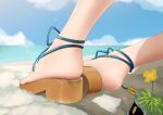  1girl absurdres arknights beach blue_sky brown_footwear chinese_commentary commentary_request crab day feet flower foot_focus heart highres horizon metal_crab_(arknights) motion_lines ocean official_alternate_costume outdoors sandals skadi_(arknights) skadi_(waverider)_(arknights) sky solo_focus vamjulian yellow_flower 