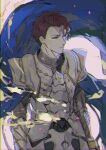  1boy armor blue_cape breastplate brown_hair cape closed_mouth cowboy_shot ebanoniwa fate/grand_order fate_(series) lancelot_(fate/grand_order) male_focus pale_skin pauldrons pink_eyes short_hair shoulder_armor solo standing white_background 