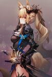  1girl absurdres animal_ears arknights armor armored_dress ascot black_dress black_legwear blemishine_(arknights) blemishine_(moon_catastrborn)_(arknights) blonde_hair breasts closed_mouth cowboy_shot crown dress finger_to_mouth from_side gauntlets gradient gradient_background highres horse_ears horse_girl horse_tail index_finger_raised light_particles long_hair looking_at_viewer looking_to_the_side medium_breasts official_alternate_costume pelvic_curtain ponytail profile red_eyes sheath sheathed shiro_kanae shushing sideways_glance skull smile solo sword tail thighhighs very_long_hair weapon white_ascot 