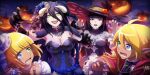  1boy 3girls albedo_(overlord) aura_bella_fiora black_eyes black_hair blonde_hair blue_eyes breasts cleavage costume eyebrows_visible_through_hair flower green_eyes hair_between_eyes hair_flower hair_ornament halloween halloween_costume hat heterochromia highres horns jack-o&#039;-lantern large_breasts long_hair mare_bello_fiore multiple_girls narberal_gamma official_art open_mouth overlord_(maruyama) pointy_ears shiny shiny_hair short_hair witch_hat yellow_eyes 