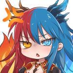  1girl anger_vein angry bangs blue_eyes blue_fire blue_hair blue_horns blush breasts bright_pupils chibi cleavage commission commissioner_upload dragon_girl dragon_horns dress eyebrows_visible_through_hair fire gem heterochromia horns inferna_dragnis jewelry large_breasts long_hair looking_at_viewer monster_girl multicolored_hair multicolored_horns necktie open_mouth orange_eyes original pale_skin red_hair red_horns solo split-color_hair standing symbol-shaped_pupils transparent_background two-tone_hair usagi1923 white_pupils 