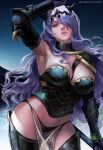  1girl armor armpits bangs black_armor black_panties boots breasts camilla_(fire_emblem) cleavage commentary english_commentary fire_emblem fire_emblem_fates gloves gradient gradient_background hair_over_one_eye hand_on_own_head large_breasts looking_at_viewer nextoad panties parted_lips patreon_username purple_eyes purple_hair solo standing thigh_boots thighhighs tiara underwear upper_body 