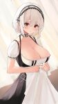  1girl absurdres apron azur_lane breasts choker cleavage collar commentary_request dorok highres large_breasts maid maid_apron maid_headdress puffy_short_sleeves puffy_sleeves red_eyes sad short_hair short_sleeves sirius_(azur_lane) solo white_hair 