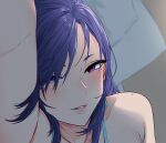  1girl arm_up blue_bra blush bra bra_strap goshiki_suzu lips long_hair looking_at_viewer lying mole mole_under_eye on_side original parted_lips portrait purple_eyes purple_hair smile solo underwear 