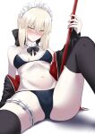  1girl alternate_costume arm_support artoria_pendragon_(alter_swimsuit_rider)_(fate) artoria_pendragon_(fate) black_bow blonde_hair blush bow breasts cameltoe collar constricted_pupils detached_collar enmaided fate/grand_order fate_(series) frilled_collar frills groin_tendon hair_between_eyes hair_bow half-closed_eyes highres jacket jacket_over_swimsuit looking_at_viewer maid navel nose_blush off_shoulder shidou_(x_2903) small_breasts solo swimsuit thighhighs thighs white_background 