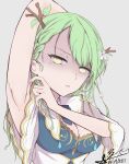  1girl 2021 antlers arm_above_head arm_up armpits branch breasts ceres_fauna cleavage dated disgust flower green_eyes grey_background hair_flower hair_ornament highres hololive hololive_english iliktodrawr long_hair medium_breasts mole mole_under_eye no_pupils presenting_armpit shaded_face virtual_youtuber yellow_eyes 