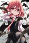  1girl bat bat_wings commentary demon_wings head_wings highres kayon_(touzoku) koakuma library pointy_ears red_eyes red_hair short_hair solo touhou voile wings 