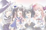  4girls :d animal_ear_fluff animal_ears badge bangs bare_shoulders belt beret black_hair blue_hair blush bow braid breasts cat_ears cat_tail cleavage colored_inner_hair demon_girl demon_horns demon_tail dress earrings eyebrows_visible_through_hair flower gradient_hair hair_flower hair_intakes hair_ornament happy hat highres hina_misora horns hoshina_suzu idol jewelry kurari_rose large_breasts long_hair medium_breasts multicolored_clothes multicolored_dress multicolored_hair multiple_girls nail_polish neckwear_request open_mouth pink_bow pink_hair plaid plaid_dress puffy_short_sleeves puffy_sleeves purple_dress red_flower red_rose ribbon rose shino_laila shino_laila_(artist) short_sleeves silver_hair smile star_(symbol) tail turtleneck very_long_hair virtual_youtuber wactor_production white_flower witch witch_hat wrist_cuffs 