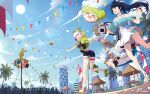  3girls :d ai-chan_(honkai_impact) artist_name balloon bangs bare_shoulders belt black_shirt blue_shirt blue_sky bronya_zaychik bronya_zaychik_(valkyrie_chariot) building cloud cloudy_sky confetti drill_hair floating food_in_mouth full_body green_jacket grey_hair hair_between_eyes hair_ribbon hat highres holding_hands homu_(honkai_impact) honkai_(series) honkai_impact_3rd index_finger_raised jacket kiana_kaslana kiana_kaslana_(knight_moonbeam) multiple_girls mush_(mushlicious) one_eye_closed open_mouth outdoors palm_tree pointing ponytail popsicle_in_mouth project_bunny purple_eyes purple_hair raiden_mei raiden_mei_(lightning_empress) ribbon sailor_collar sandals shirt short_sleeves sky sleeveless sleeveless_shirt smile straw_hat summer summer_uniform sun tree twin_drills walking white_hair 