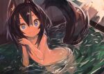  1girl :3 absurdres animal_ear_fluff animal_ears blue_eyes brown_hair completely_nude dog_ears dog_tail flat_chest hair_between_eyes highres kaamin_(mariarose753) light_rays looking_at_viewer medium_hair no_lineart nude original partially_submerged solo tail water_drop 