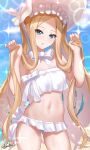  1girl abigail_williams_(fate) abigail_williams_(swimsuit_foreigner)_(fate) absurdres ass_visible_through_thighs bangs bare_shoulders beach bikini blonde_hair blue_eyes blue_sky bonnet bow breasts fate/grand_order fate_(series) forehead hair_bow highres holding holding_hair long_hair miniskirt navel nez-box open_mouth parted_bangs revision sidelocks skirt sky small_breasts solo sparkle swimsuit twintails very_long_hair white_bikini white_bow white_headwear 