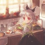  1girl alternate_hairstyle animal_ear_fluff animal_ears apron bad_id bad_pixiv_id bangs biyon black_skirt bowl cooking curtains green_apron grey_hair holding indoors kitchen looking_back mouse mouse_ears nazrin plate red_eyes salad shirt short_hair short_ponytail skirt solo sunny_side_up_egg touhou twitter_username upper_body white_shirt window 