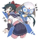  1boy 1girl alien arm_guards azumaya_koyuki black_hair blue_eyes bow character_name cropped_legs dororo_(keroro_gunsou) fang from_behind hair_bow highres holding holding_knife keroro_gunsou knife leaning_forward looking_at_viewer looking_back open_hands open_mouth ponytail red_bow school_uniform serafuku smile zizi_niisan 