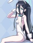  1girl absurdly_long_hair animal_ears arisu_(blue_archive) bare_legs blue_archive blue_bow blue_bowtie blue_eyes bow bowtie breasts checkered checkered_background dark_blue_hair detached_collar hair_between_eyes highres leotard long_hair looking_at_viewer playboy_bunny rabbit_ears rabbit_tail sitting small_breasts smile solo strapless strapless_leotard tail tamaya two_side_up very_long_hair white_leotard wrist_cuffs 