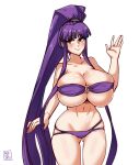  1girl ass_visible_through_thighs ayanobro bandeau bangs bikini blush breasts commission eiken grey_eyes highres huge_breasts long_hair misono_kirika ponytail purple_bandeau purple_bikini purple_hair purple_swimsuit shiny shiny_skin skindentation smile strapless strapless_bikini swimsuit thigh_gap very_long_hair waving 