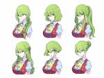  1girl alternate_hair_length alternate_hairstyle ascot bangs braid breasts collared_shirt commentary_request cropped_torso flower french_braid green_hair hair_flower hair_ornament highres kazami_yuuka large_breasts long_hair looking_at_viewer plaid plaid_vest ponytail puffy_short_sleeves puffy_sleeves red_eyes shirt short_hair short_sleeves sidelocks simple_background smile solo sunflower tied_hair tohoyuukarin touhou vest white_background white_shirt wing_collar yellow_ascot 
